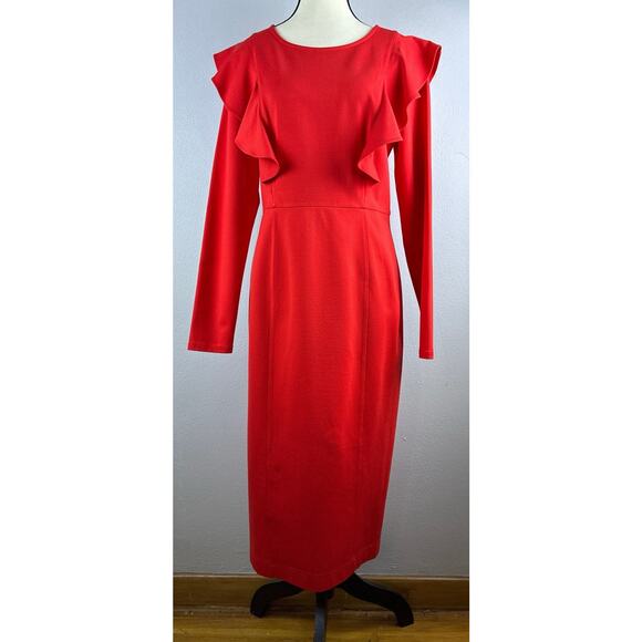 Rachel Parcell Sz L Red Ponte Knit Double Ruffle Sheath Dress Career, Party - Picture 1 of 14